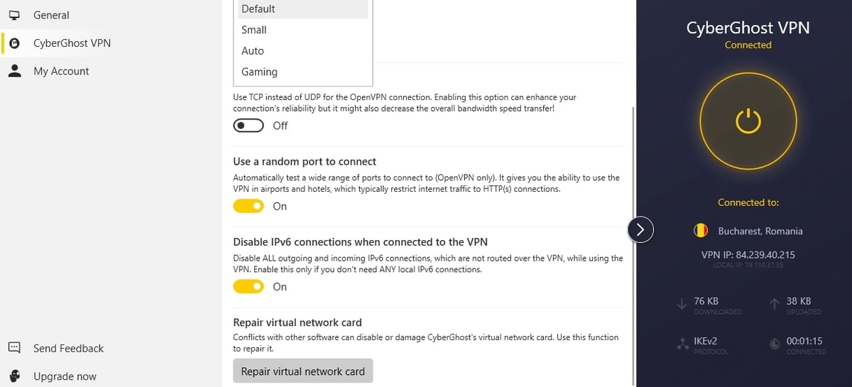 CyberGhost připojení k serveru