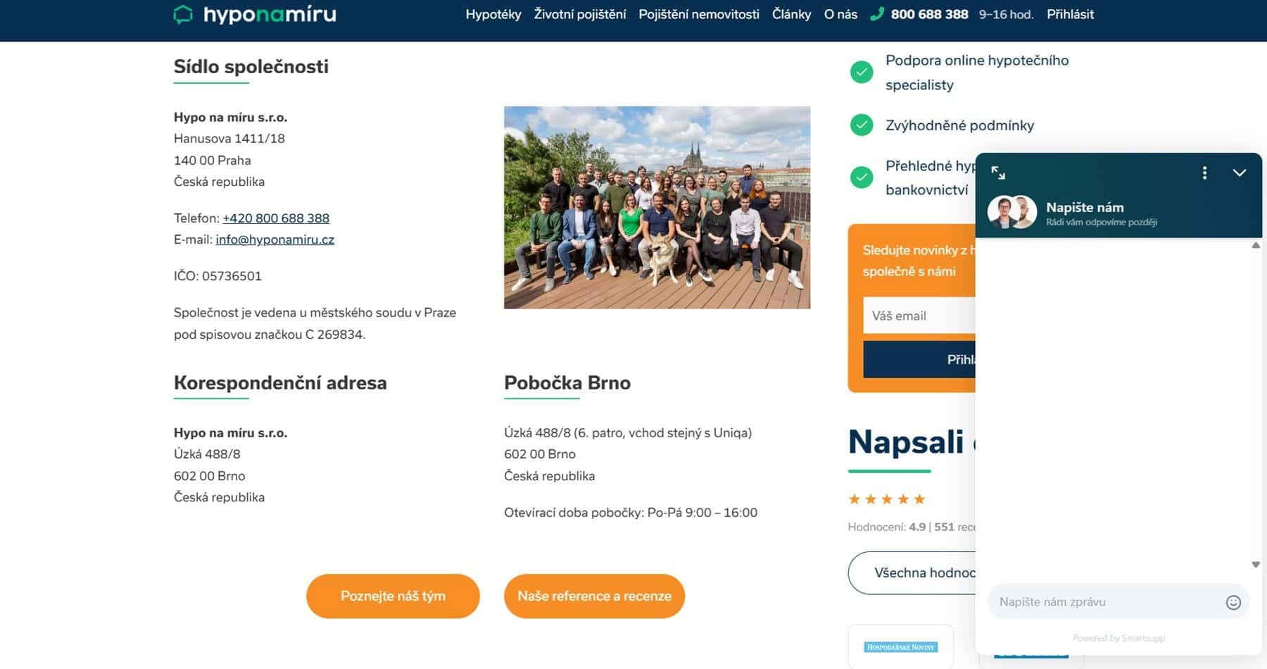 Kontakty a zákaznická podpora - recenze srovnávače hyponamíru.cz