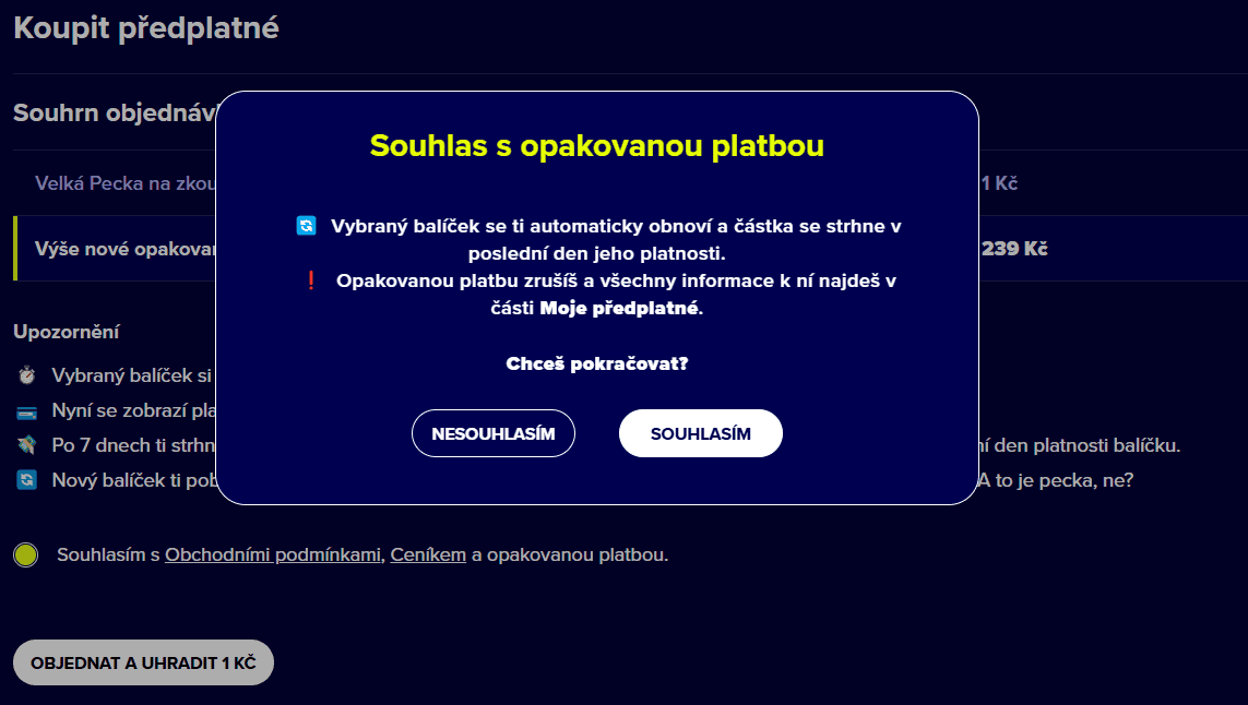 pecka tv opakovaná platba